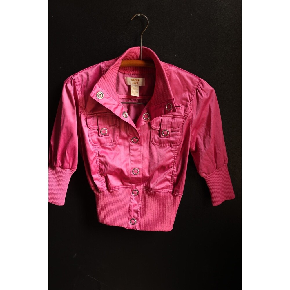 Vintage Y2K Hot Pink Satin Button Utility Crop Jacket McBling Bimbocore Small